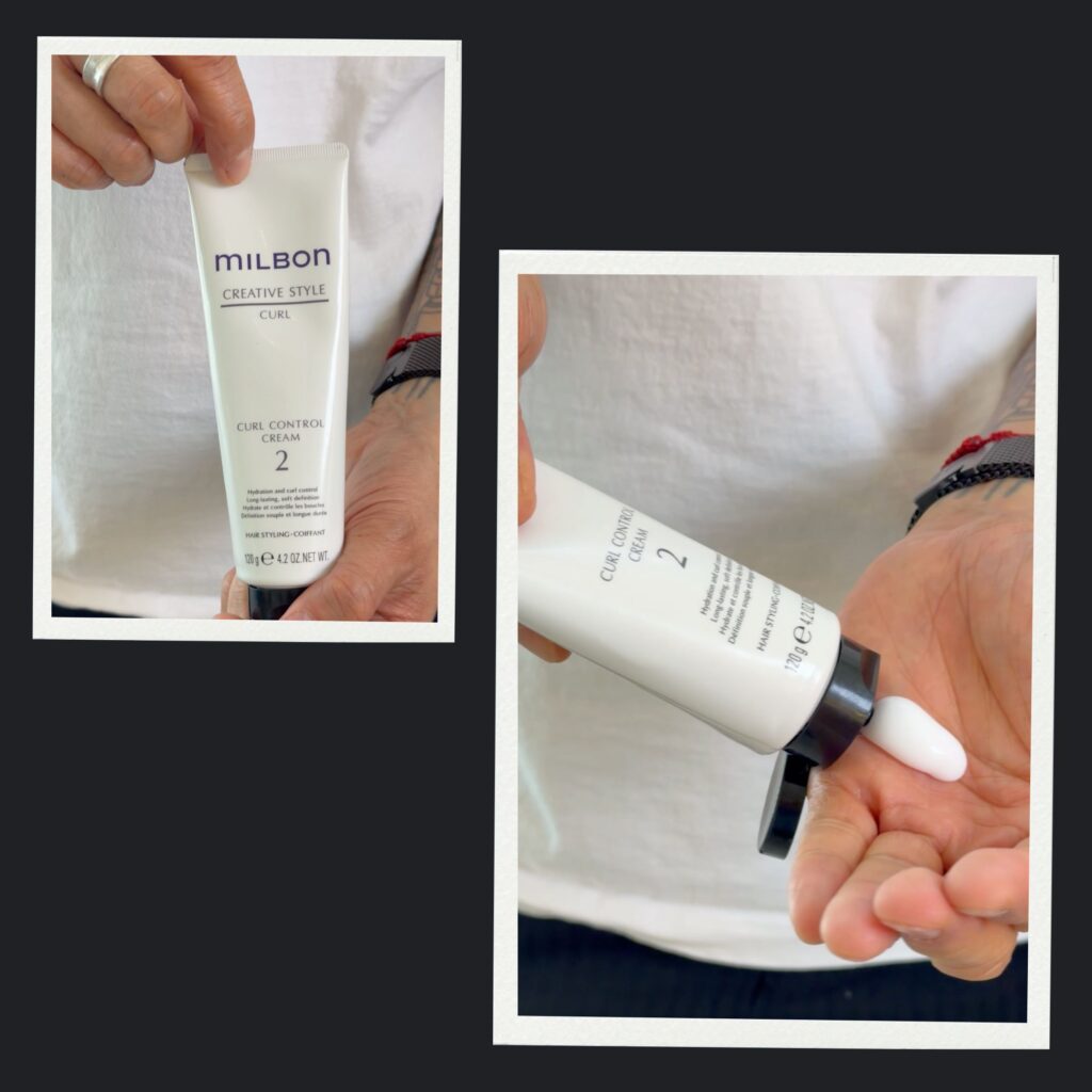 Anh Co Tran showing the Milbon Curl Control Cream 2 bottle and product