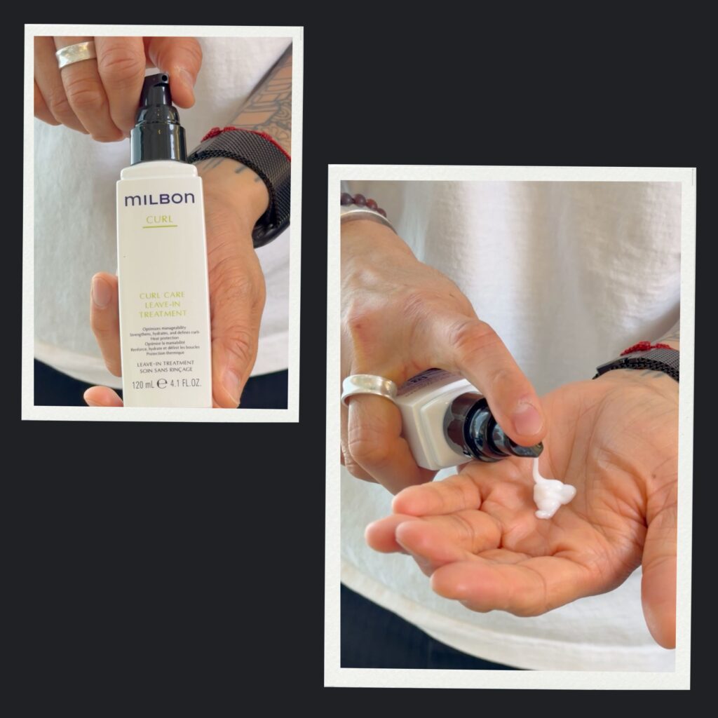Anh Co Tran showing the Milbon Curl Care Leave-In Treatment bottle and product