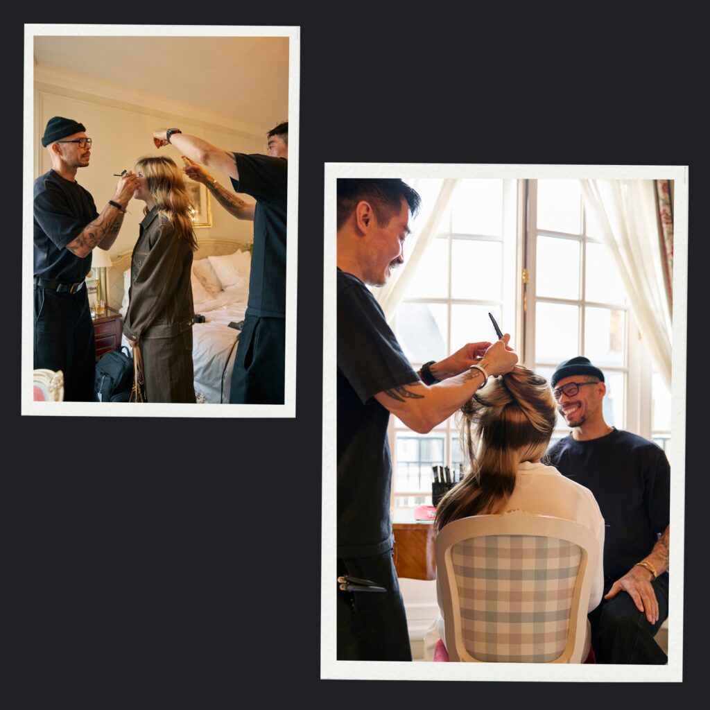 Behind the scene of Anh Co Tran styling Alysa Liu with textured waves at Paris Fashion Week Louis Vuitton.