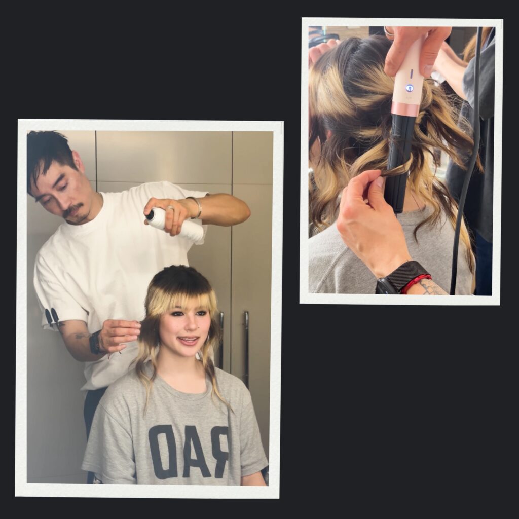 Anh Co Tran using Dyson Airwrap and Milbon styling products for Alysa Liu's Vanity Fair Oscars Party look