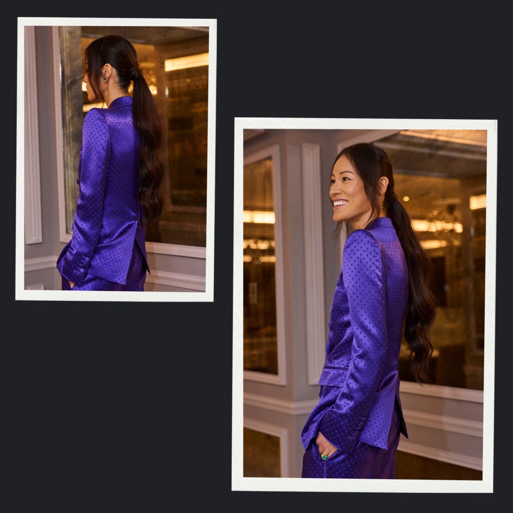 Kristina wearing Tom Ford at Paris Fashion Week showing off her soft, low ponytail styled by Anh Co Tran.