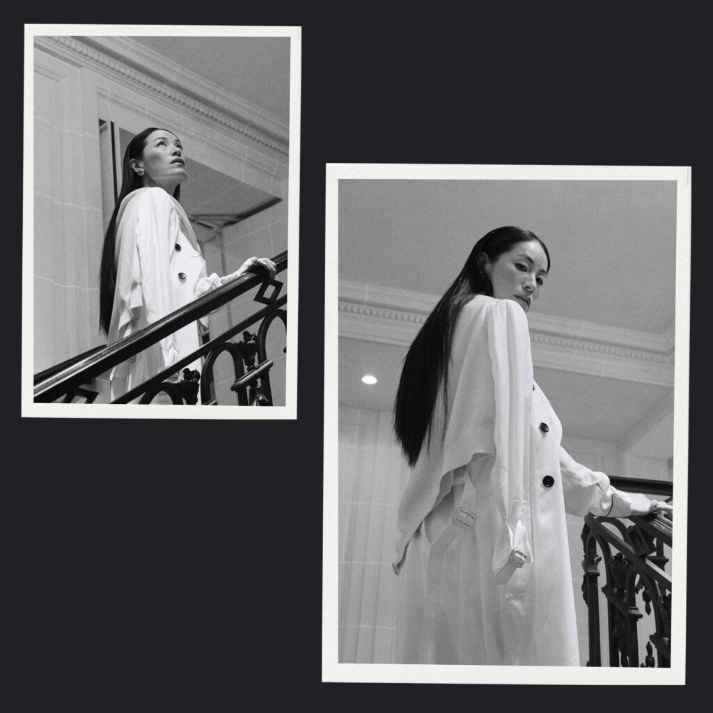 Sleek straight hair with middle part styled by Anh Co Tran