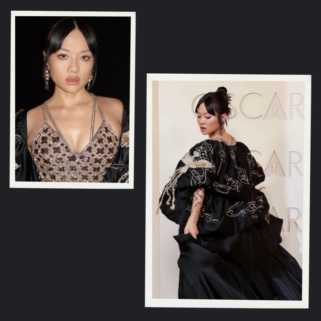 Rei Ami 2026 Oscars red carpet bun hairstyle by Anh Co Tran