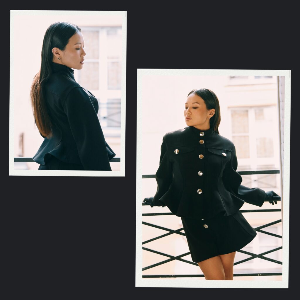 Close-up of sleek wet look hair for Sandro Paris Fashion Week