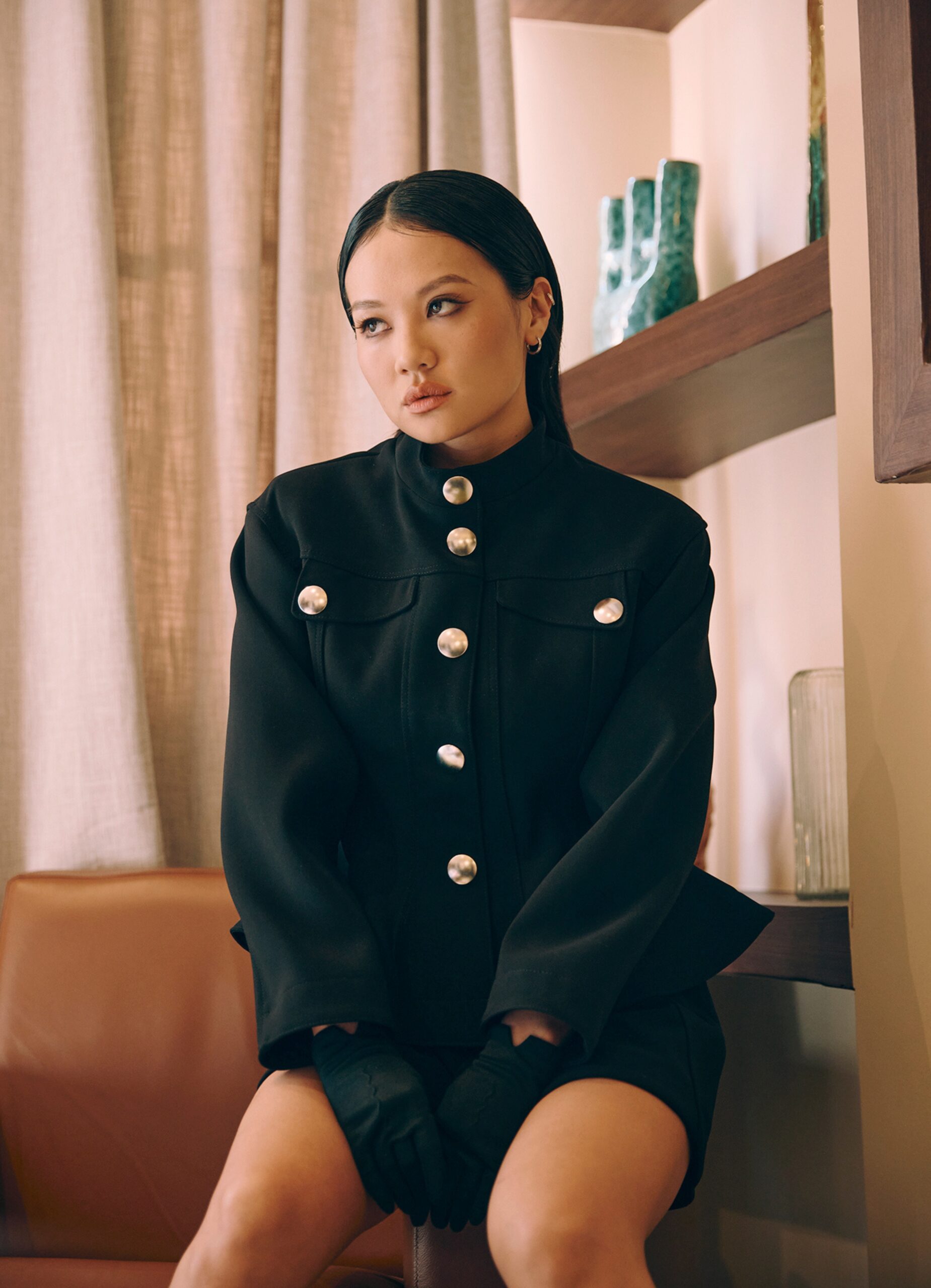 Rei Ami's sleek wet look hairstyle at Sandro Paris Fashion Week