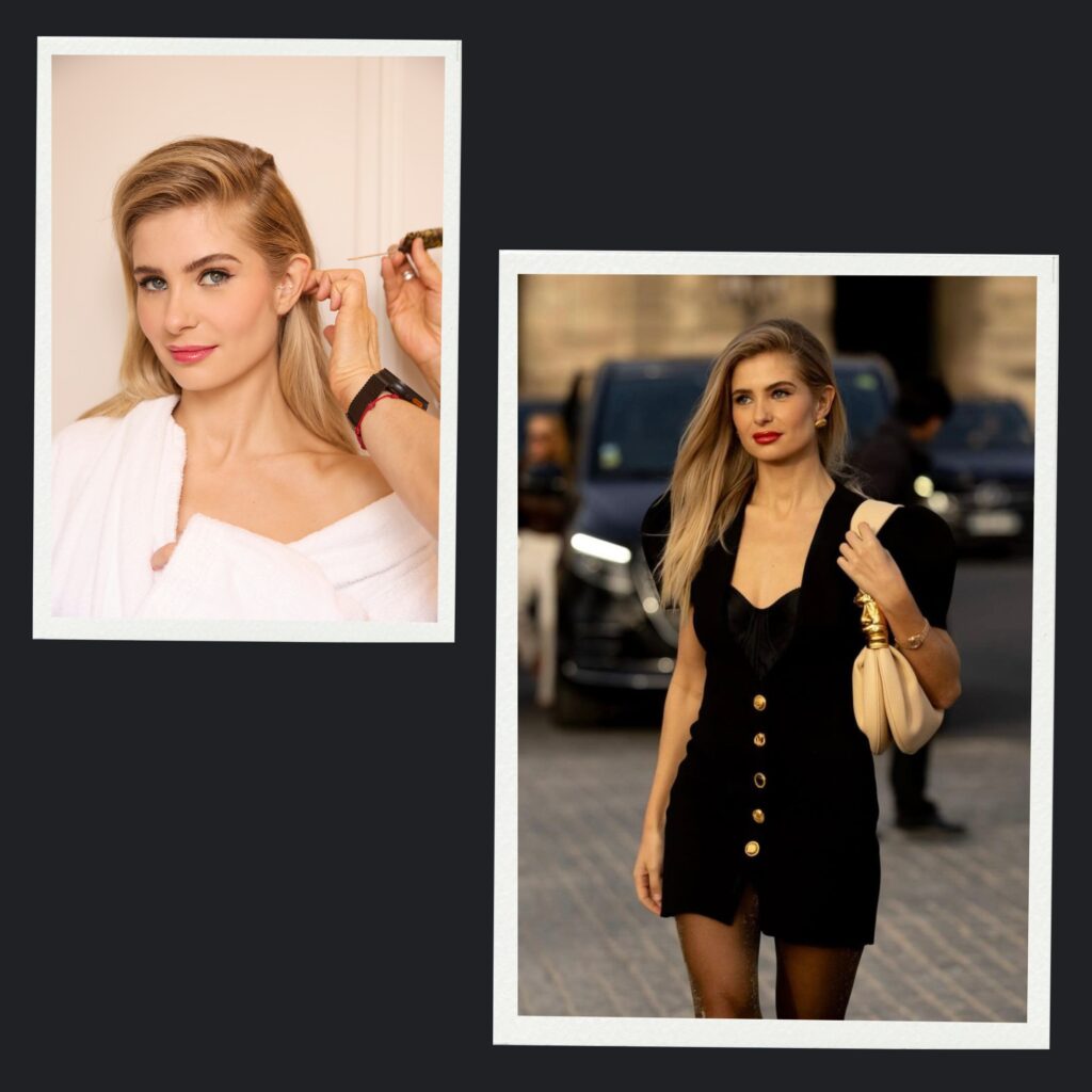 Xenia at Schiaparelli runway hair styled into retro smooth blowout