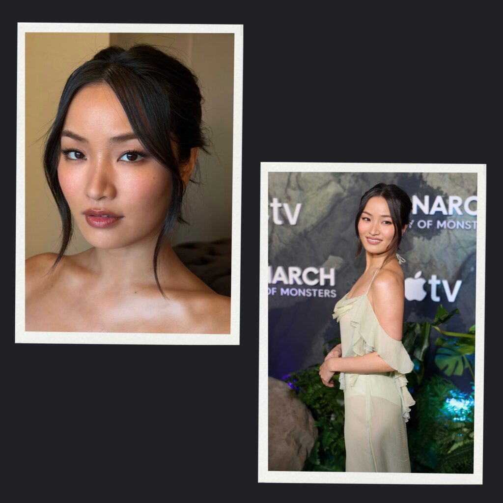 Anna Sawai on the red carpet for the Monarch Season 2 Premiere with a romantic updo styled by Anh Co Tran.