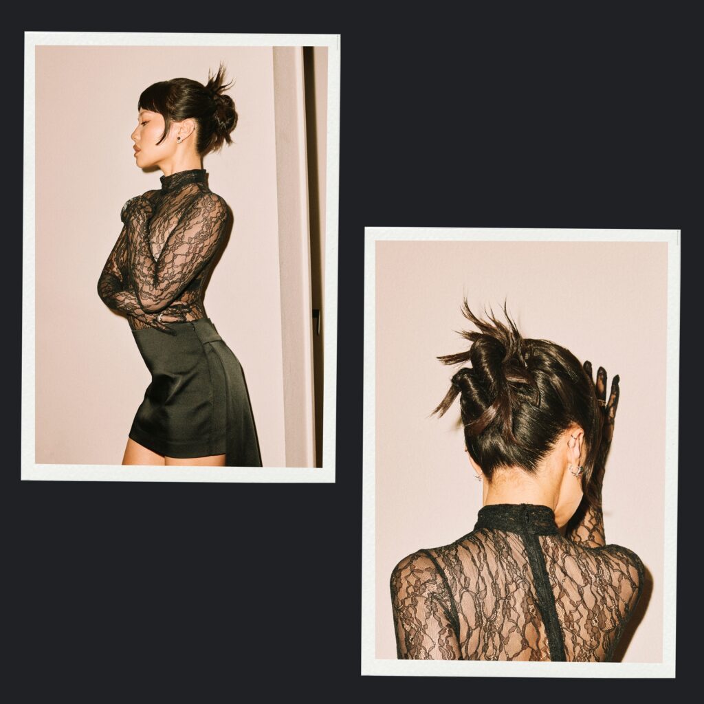 Back details of textured updo with figure-eight knot design and spiked ends for editorial hairstyle. 