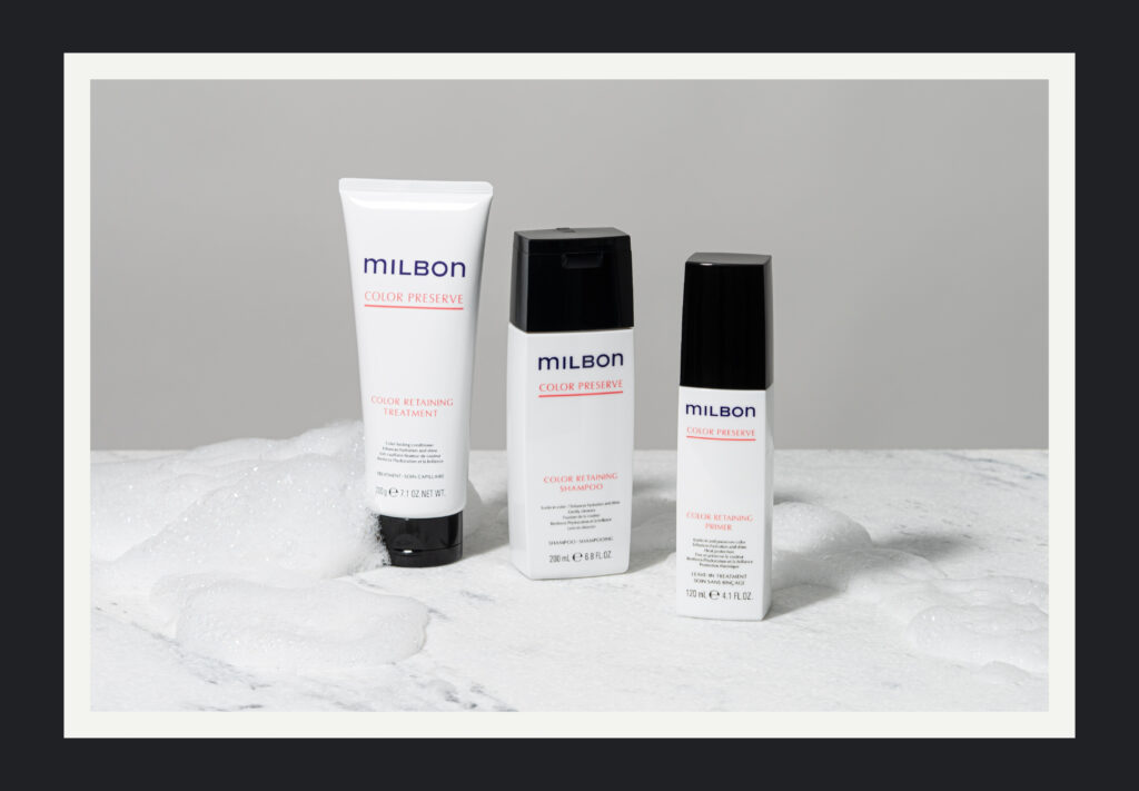 Milbon Color Preserve Collection's Color Retaining Shampoo, Treatment, and Primer for maintaining hair color vibrancy.