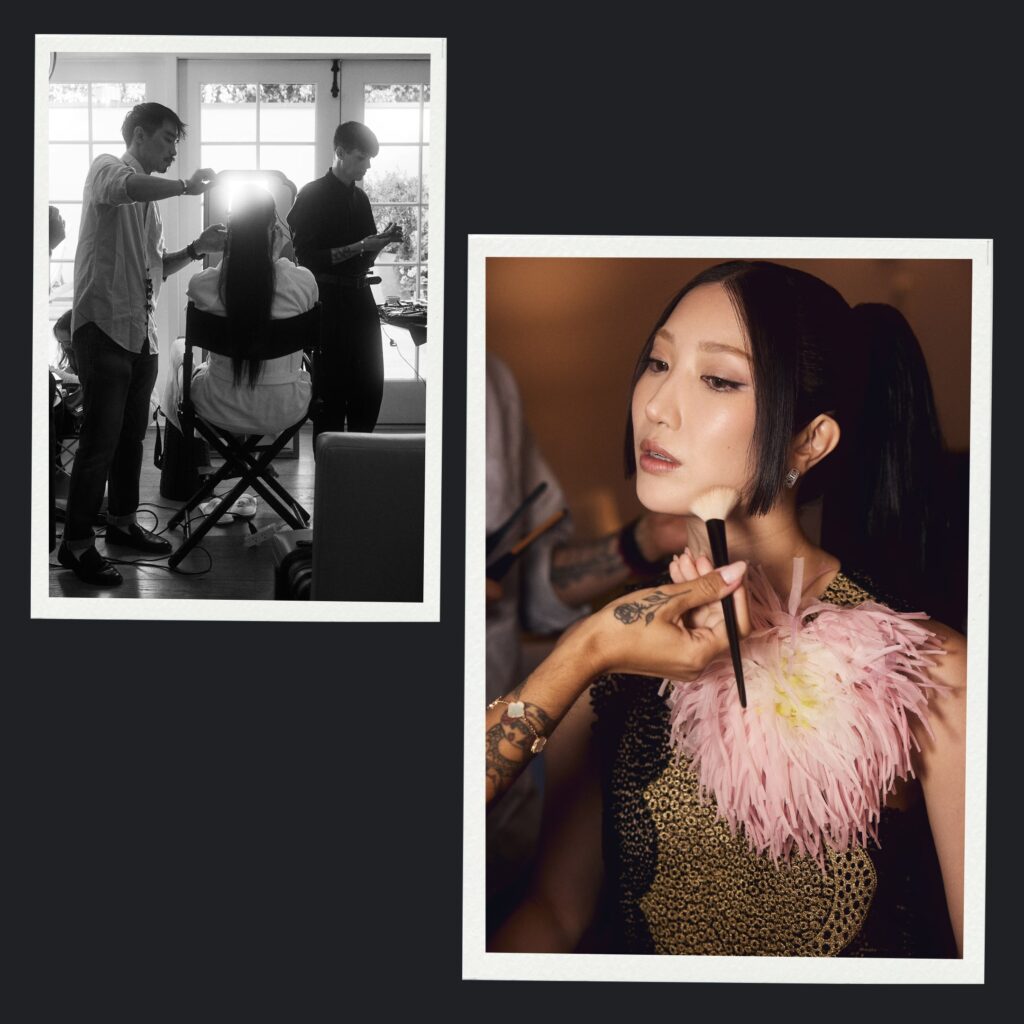 Anh Co Tran styling Ejae’s ponytail backstage before the Dior Cruise 2027 Show