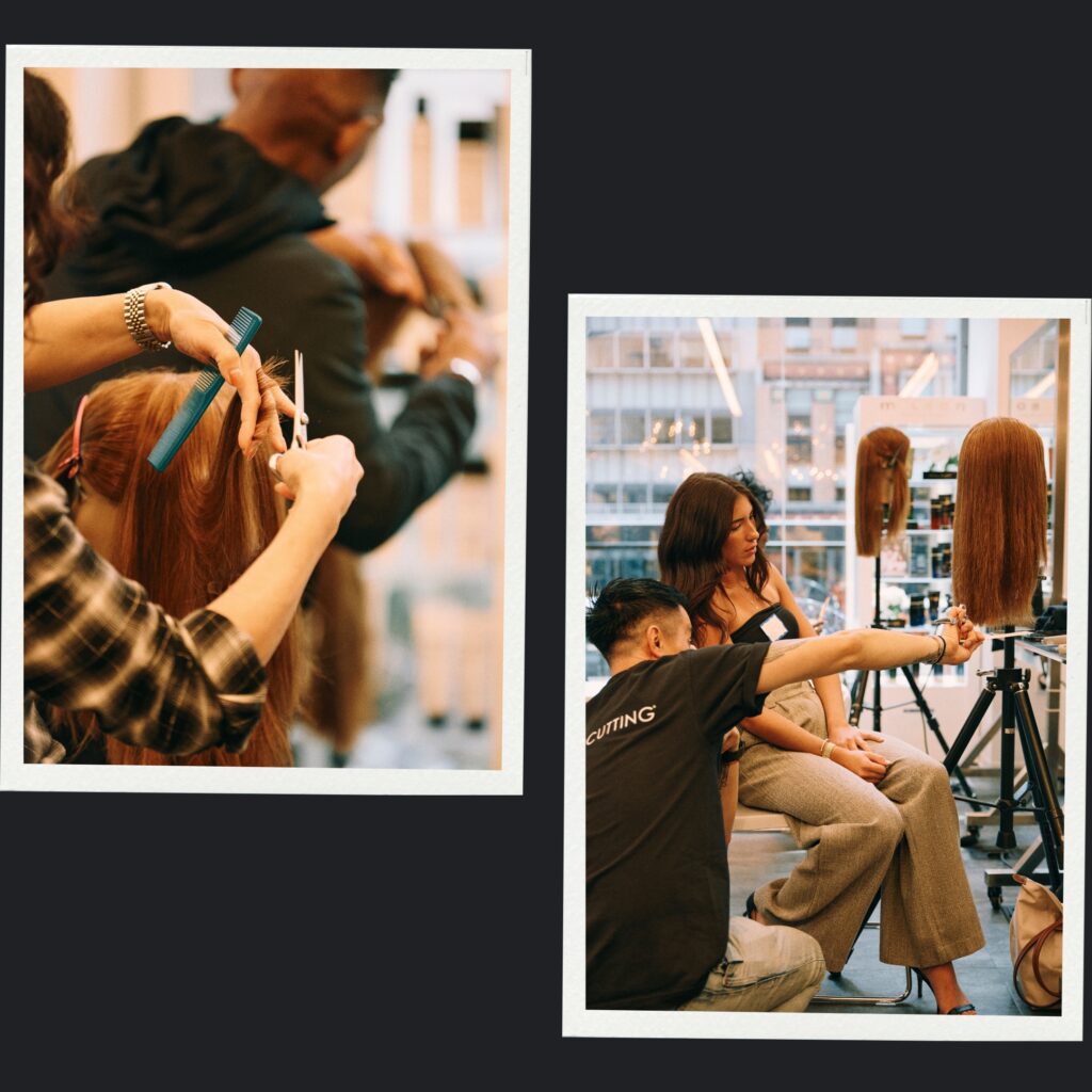 Professional stylist learning foundational dry cutting techniques during Curated Cutting class.