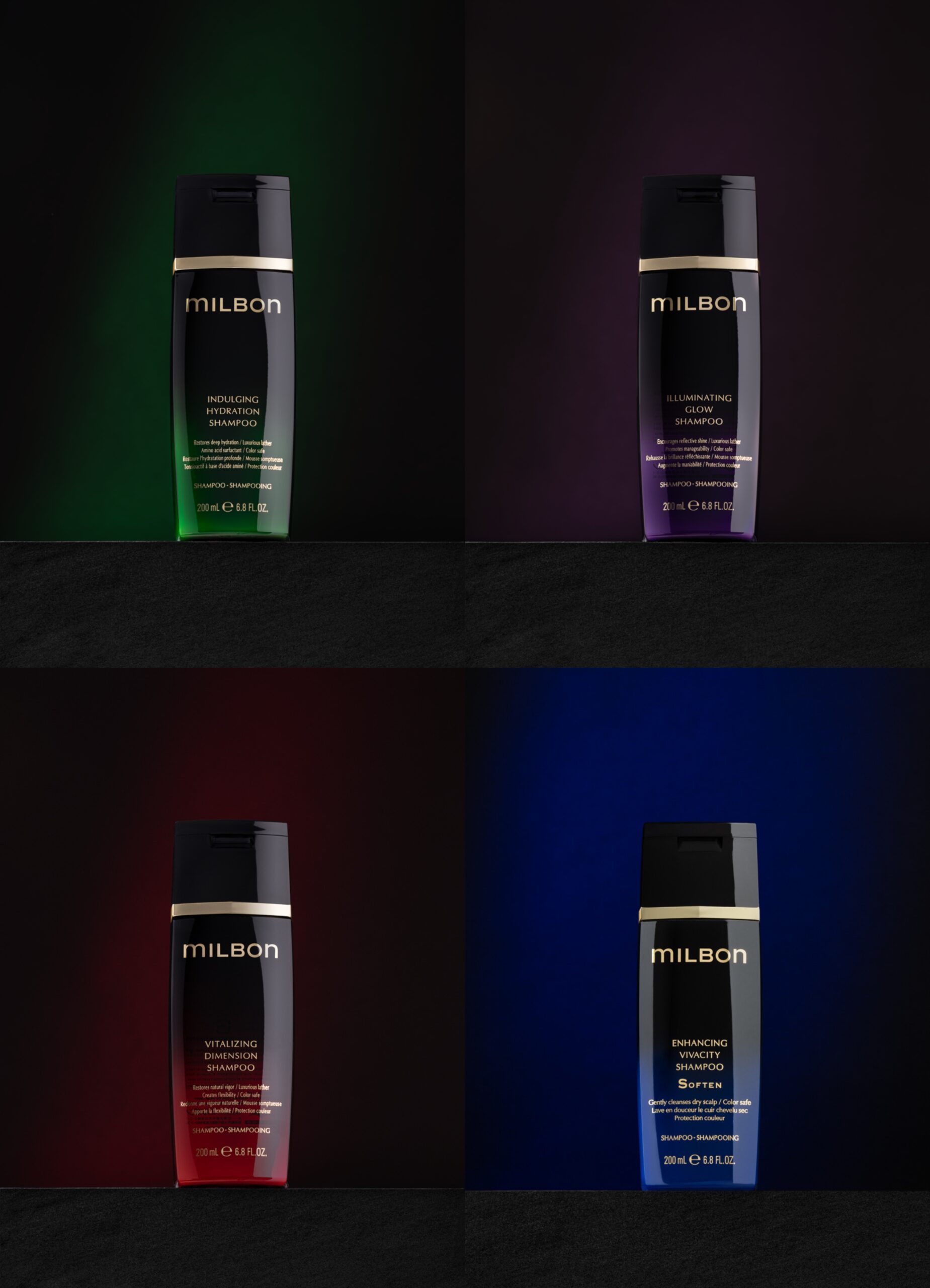 Product lineup of the Milbon Gold Line Shampoos.