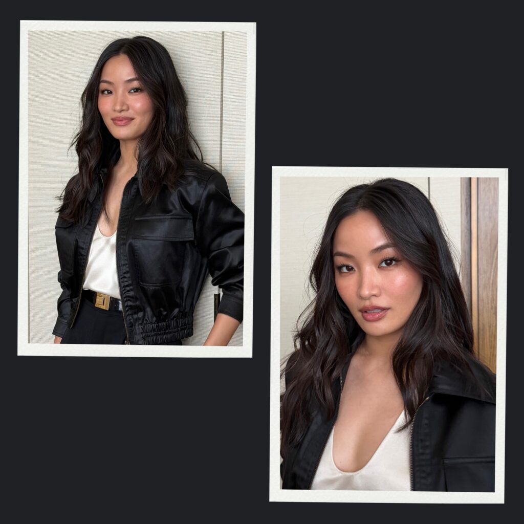 Anna Sawai with soft, textured waves, styled by Anh Co Tran